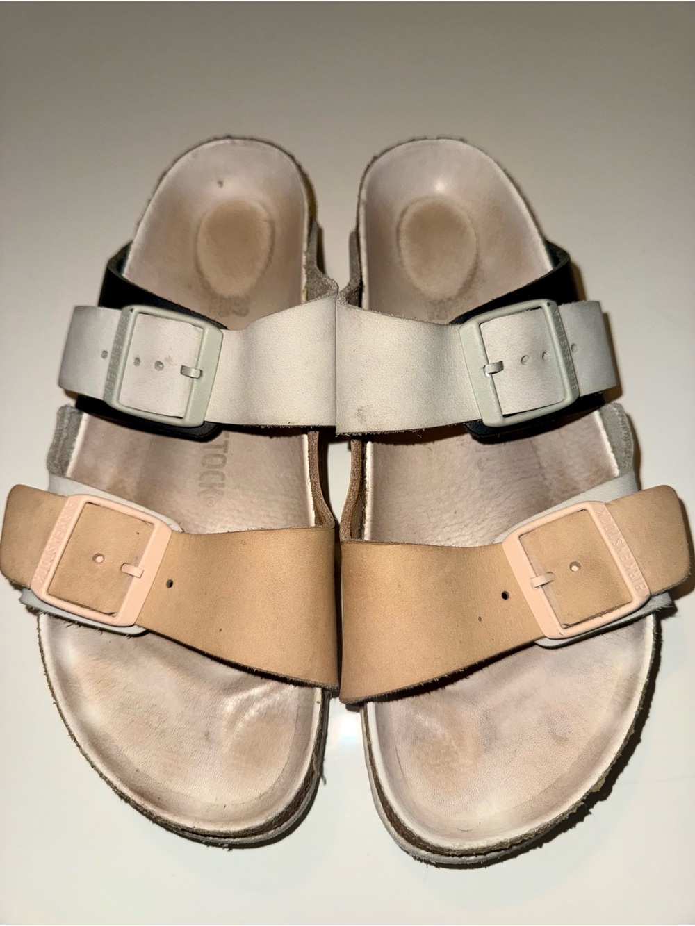 Birkenstock Two-Tone White and Tan Adjustable Buckle Sandals